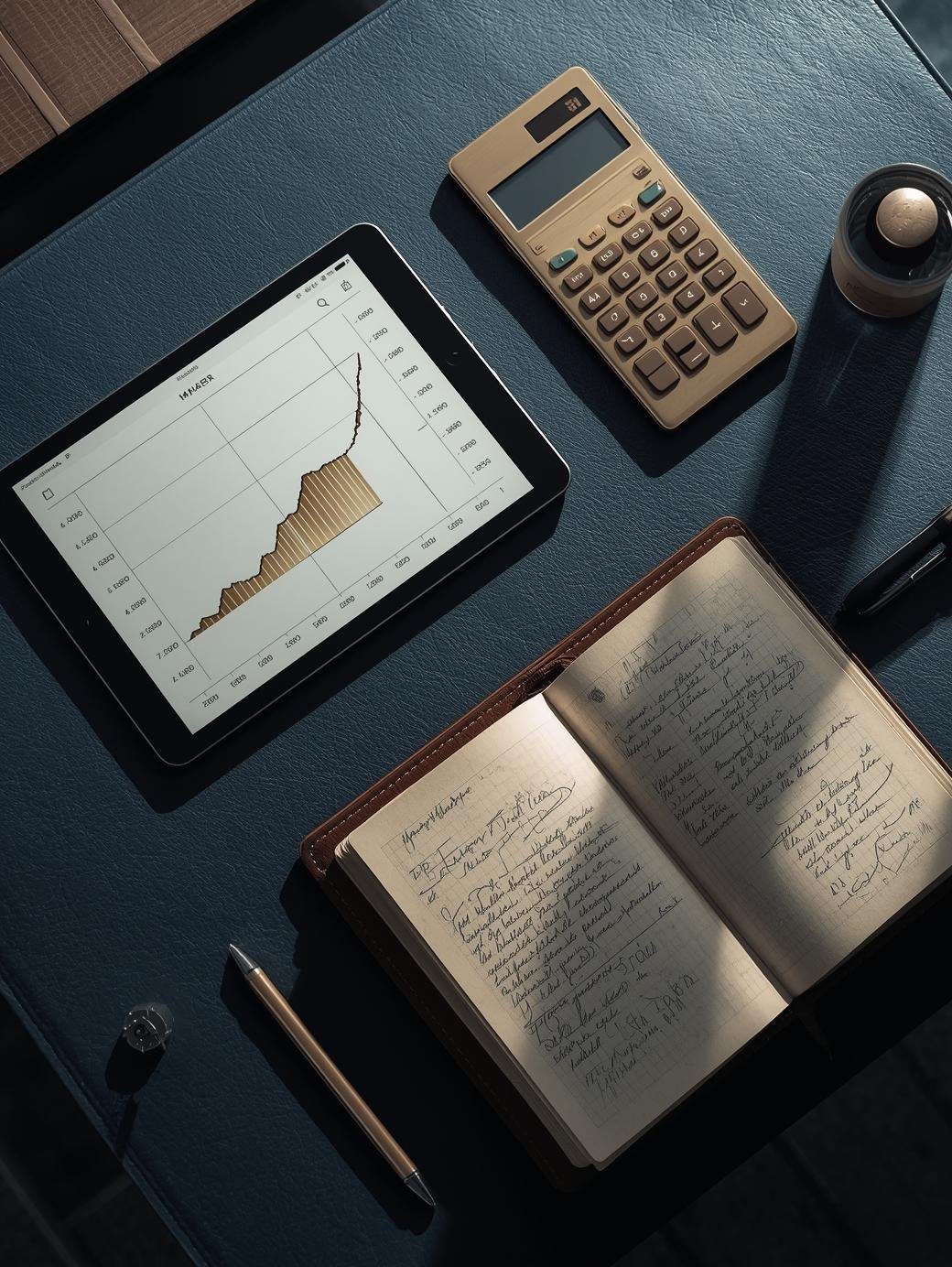 escritorio con tablet y notas en cuaderno