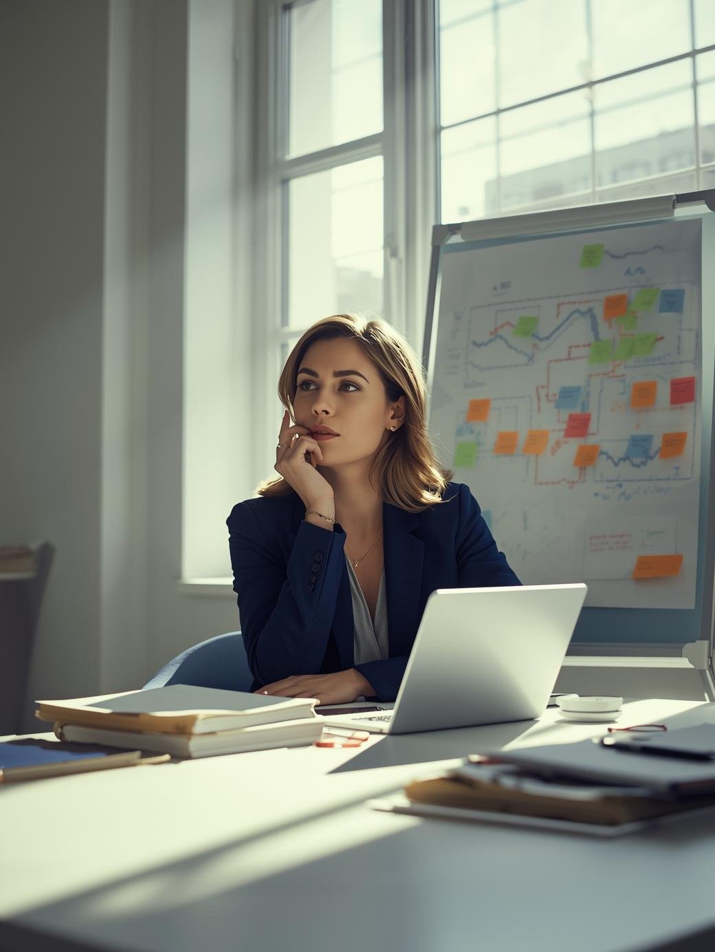 mujer ejecutiva pensando en oficina